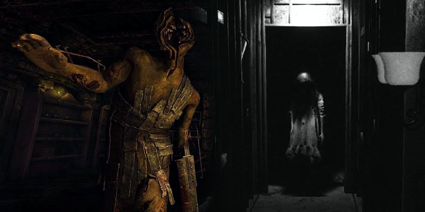 An image of a brute from Amnesia: The Dark Descent on the left and a ghost in a dress from Visage on the right.