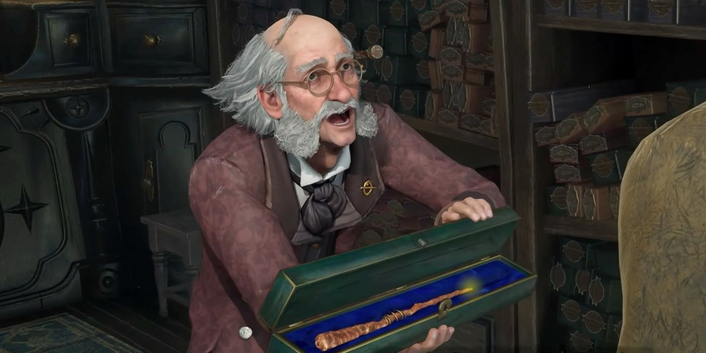 Gerbold Ollivander opening a box with a glowing wand inside, looking concerned in Hogwarts Legacy.