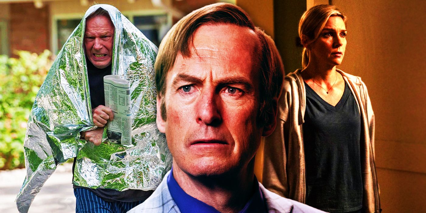 Split image of Chuck McGill wrapped in a space blanket, Jimmy McGill's face, and Kim Wexler looking worried from Better Call Saul