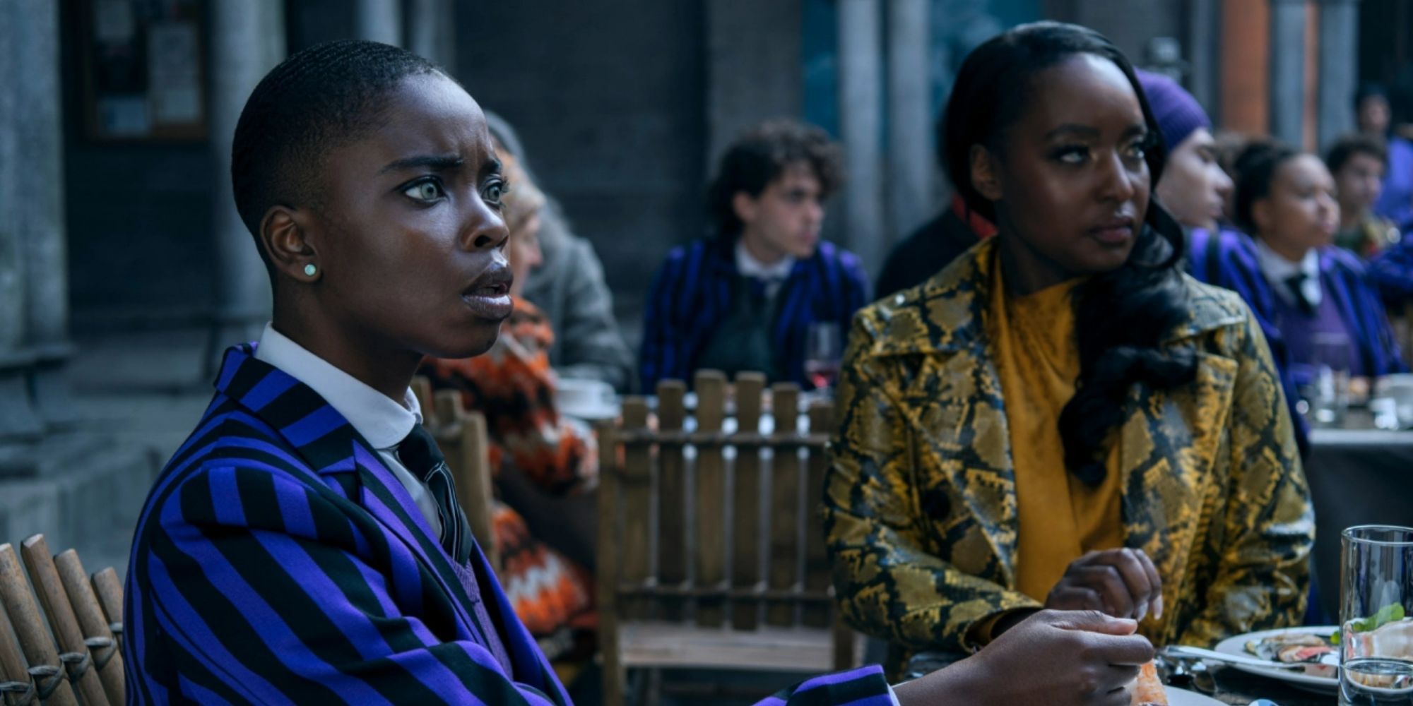 Bianca Barclay and her mother Gabrielle have lunch on the Wednesday series