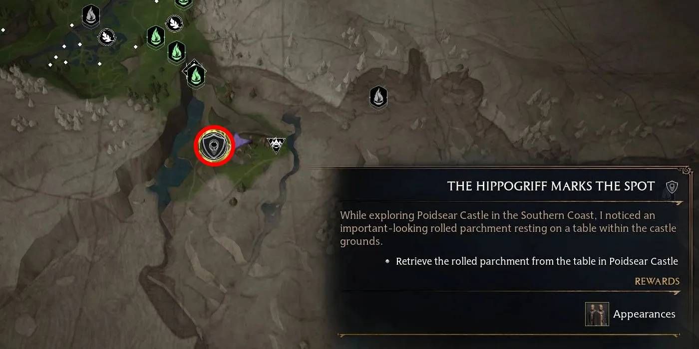 Hogwarts Legacy The Hippogriff Marks the Spot Quest Location on Map Surrounded by Red Circle with Mission Description on Player Map