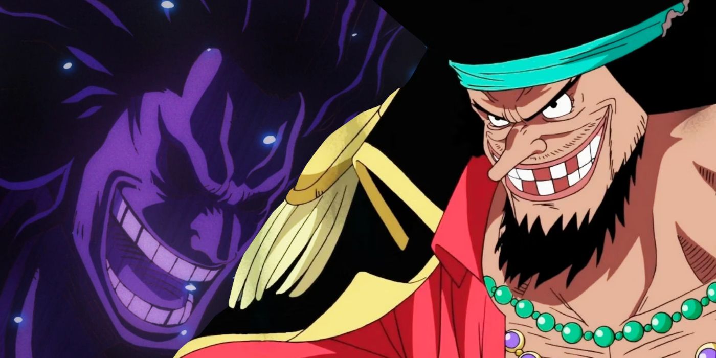 One Piece's Blackbeard is seen smiling towards the purple silhouette of the Legendary evil Pirate Captain Rocks D. Xebec.