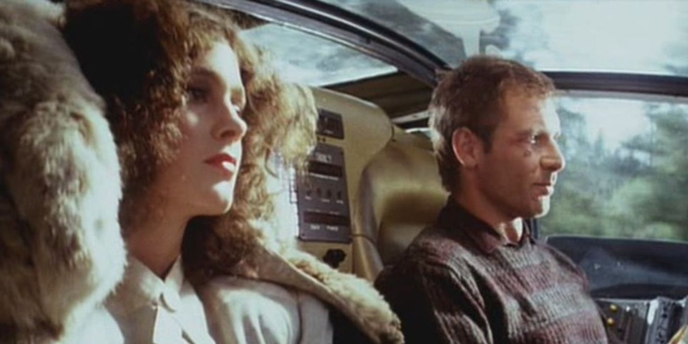 Deckard and Rachel riding in a car from Blade Runner 