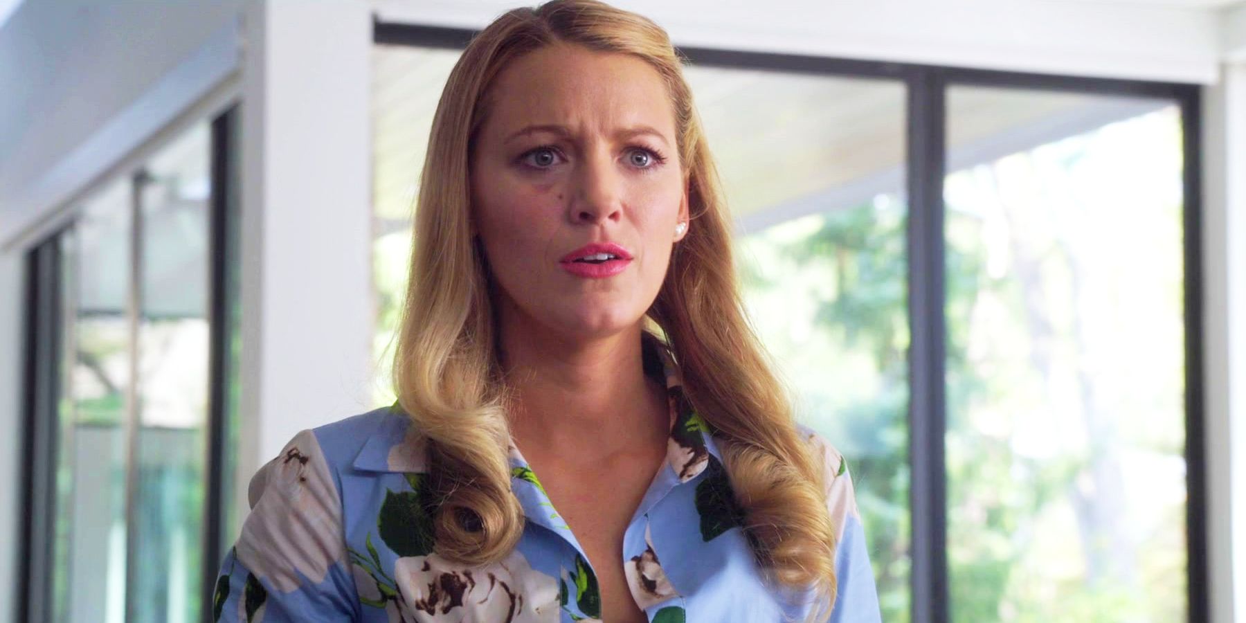 Blake Lively as Emily Nelson looking surprised in A Simple Favor