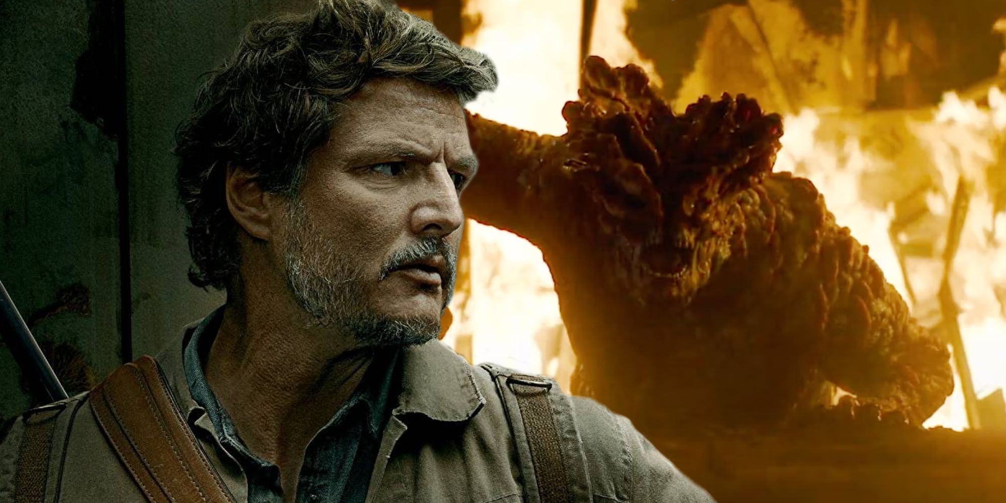Pedro Pascal as Joel in official HBO character poster and the Bloater surrounded by flames from the Last of Us' trailer