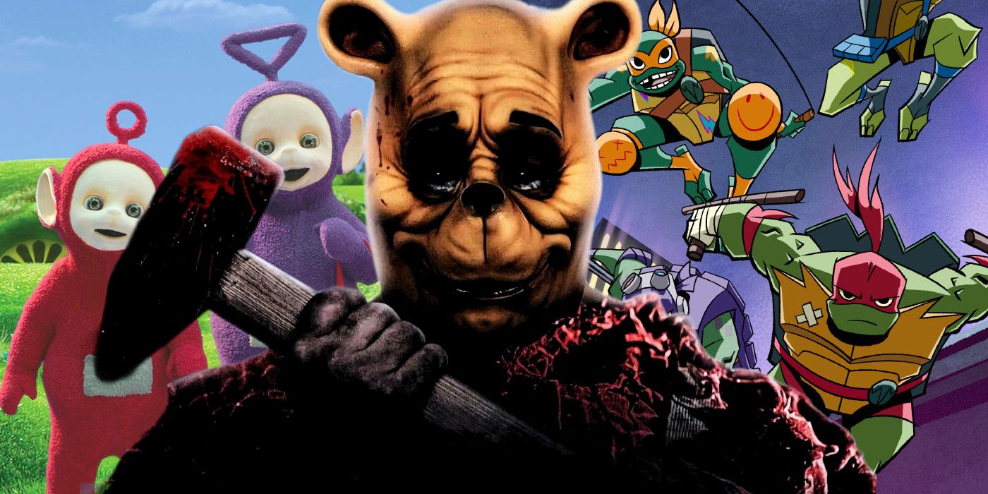 Blended image of a menacing Winnie the Pooh in Blood and Honey with a side image of the smiling Teletubbies and the teenage mutant ninja turtles in action