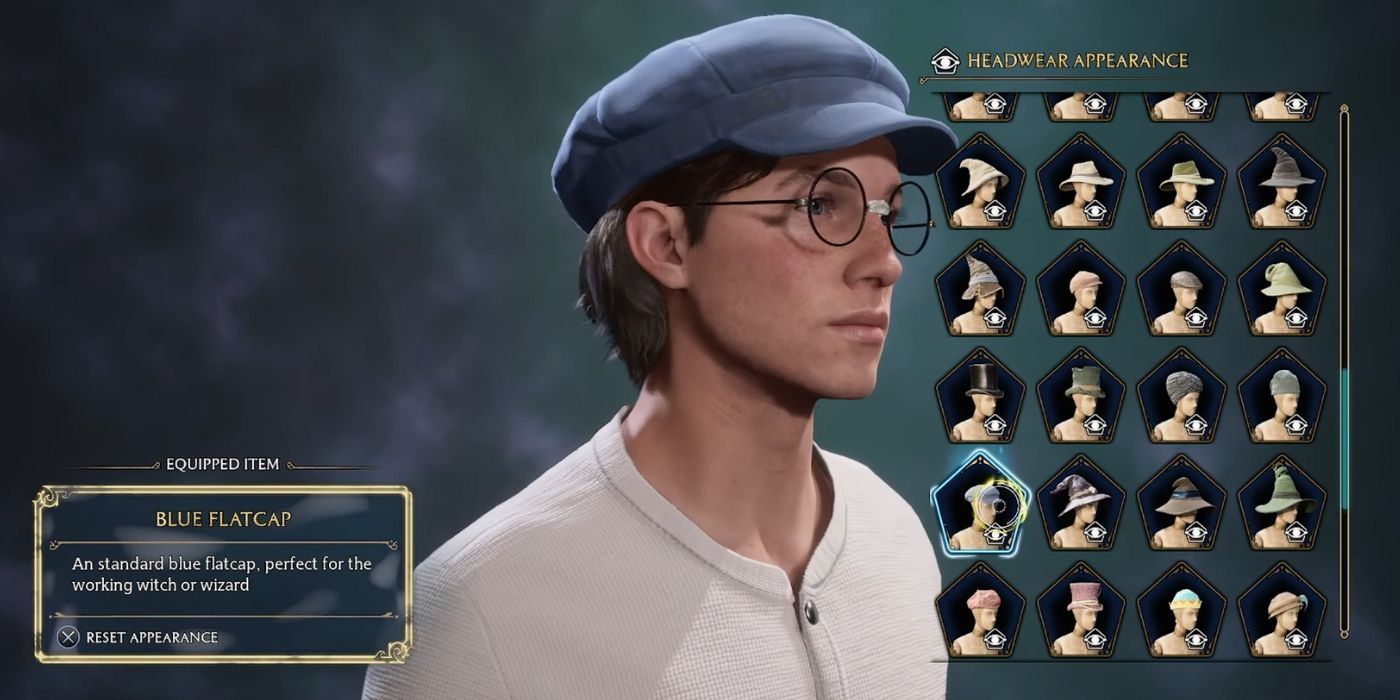 A male-presenting student wearing the Blue Flatcap in Hogwarts Legacy