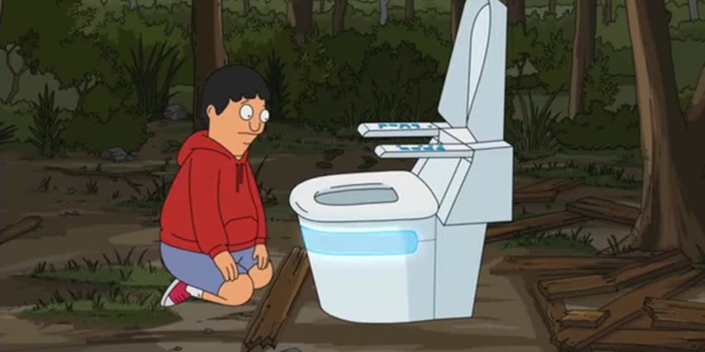 Gene kneeling in front of a toilet on Bob's Burgers