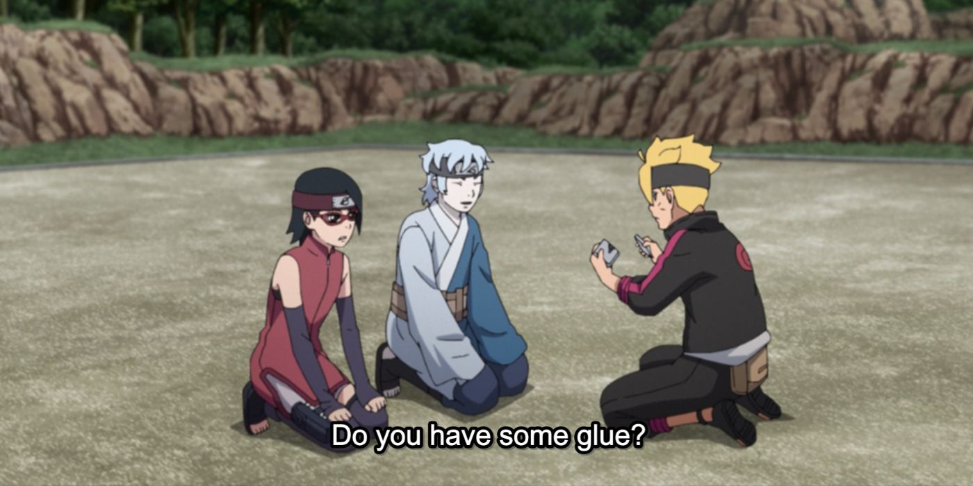 Boruto asks for glue to fix Kawaki's headband in Boruto Naruto Next Generations episode 288