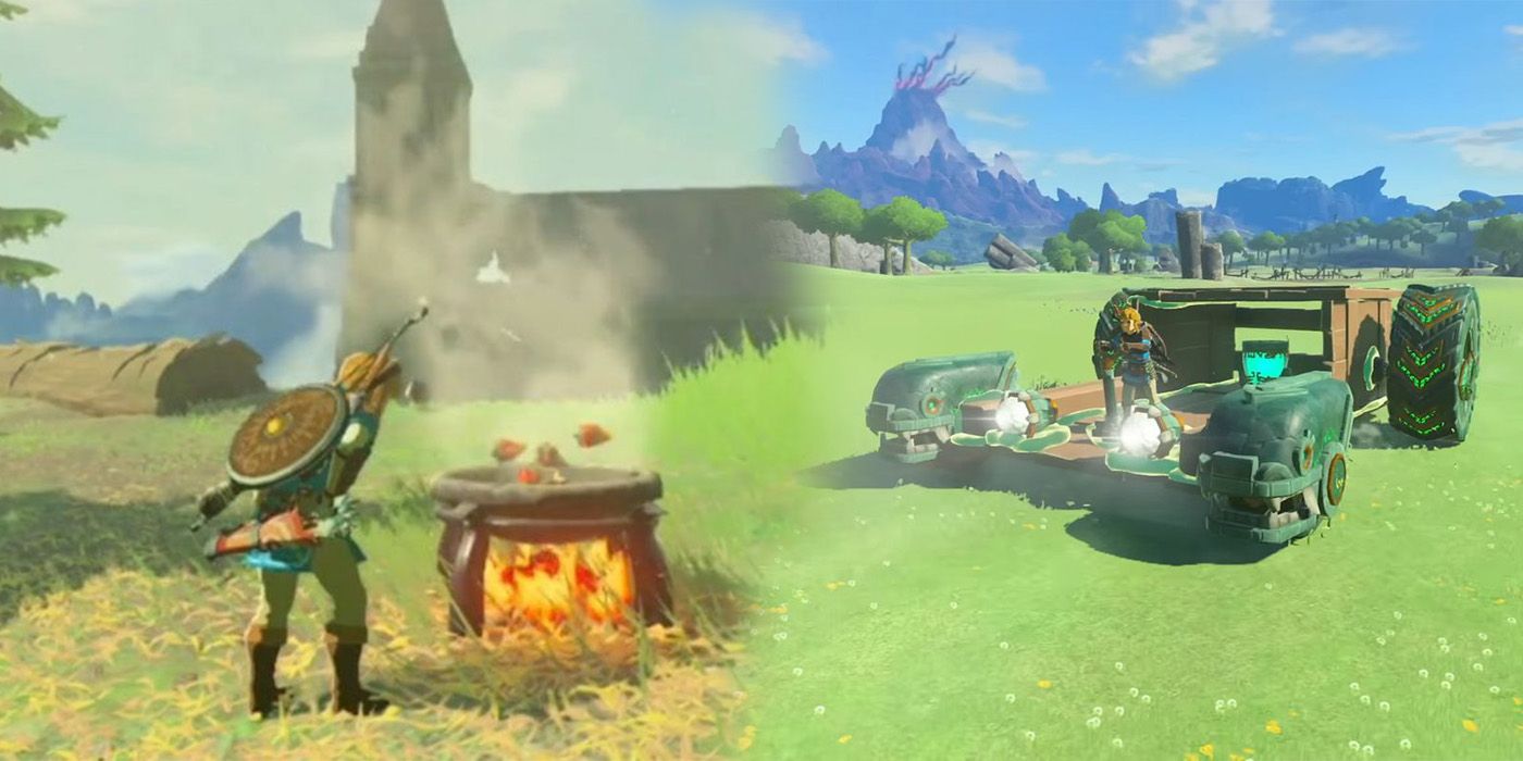 BOTW Link on left cooking, TOTK link on vehicle on right