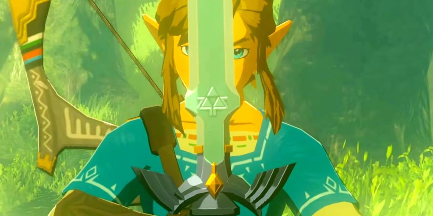 Breath of the Wild Link holding the Master Sword in front of him with a bow on his back