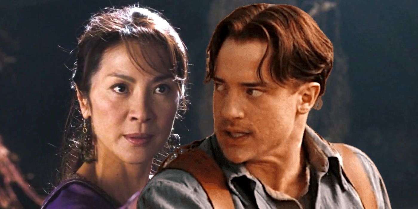 Brendan Fraser in the Mummy 3 in an action pose backdropped by Michelle Yeoh in The Mummy 3 glaring intently in a dark cave