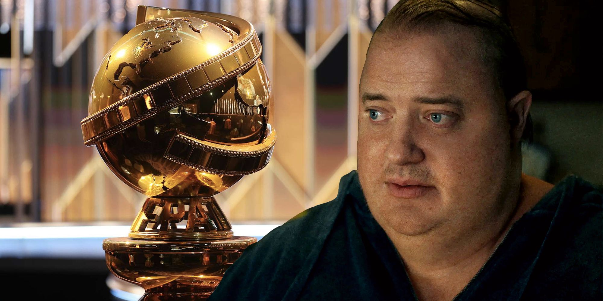 Un Golden Globe Award et Brendan Fraser dans The Whale juxtaposés dans une image personnalisée