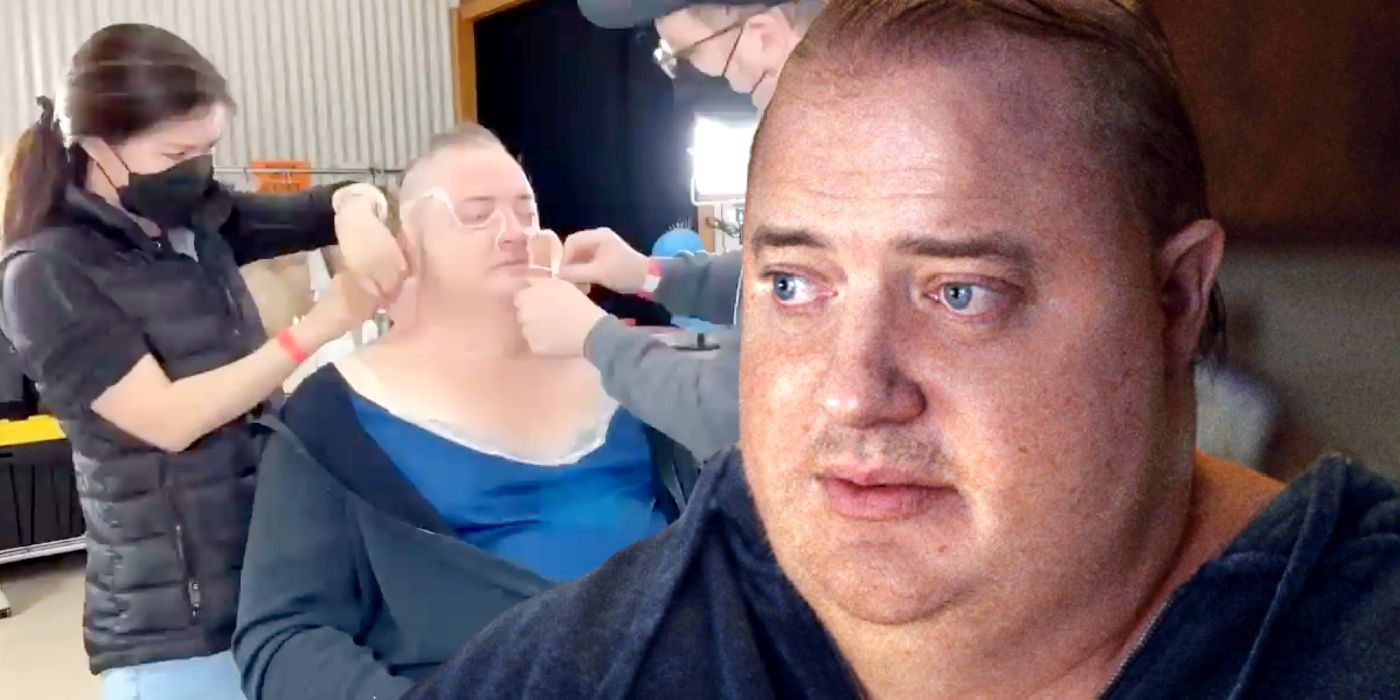 Custom image of Brendan Fraser getting makeup applied and Brendan Fraser in The Whale.
