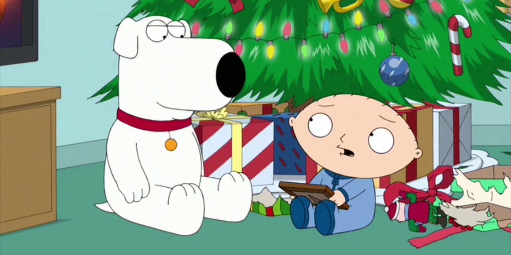 Brian and Stewie sitting under the Christmas tree in the Family Guy episode 