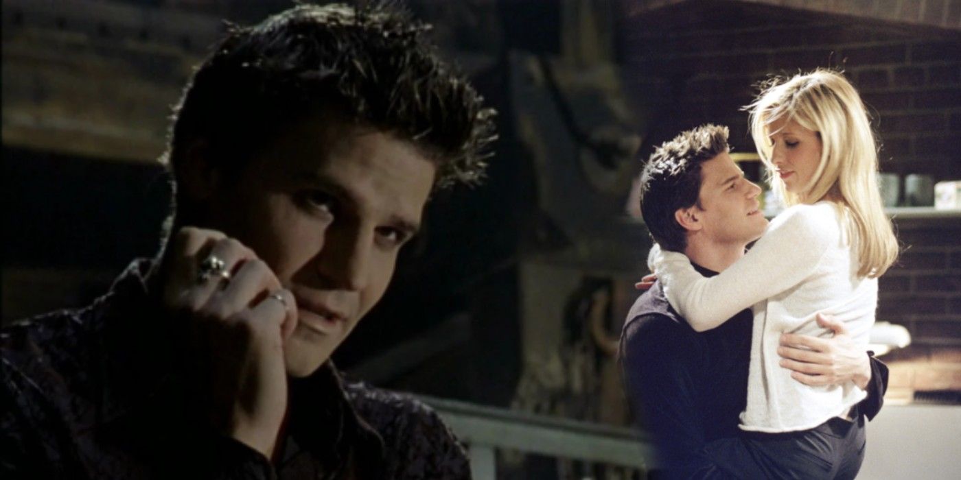 Angelus, wearing the Claddagh ring, looks on at Buffy and Angel from Buffy the Vampire Slayer