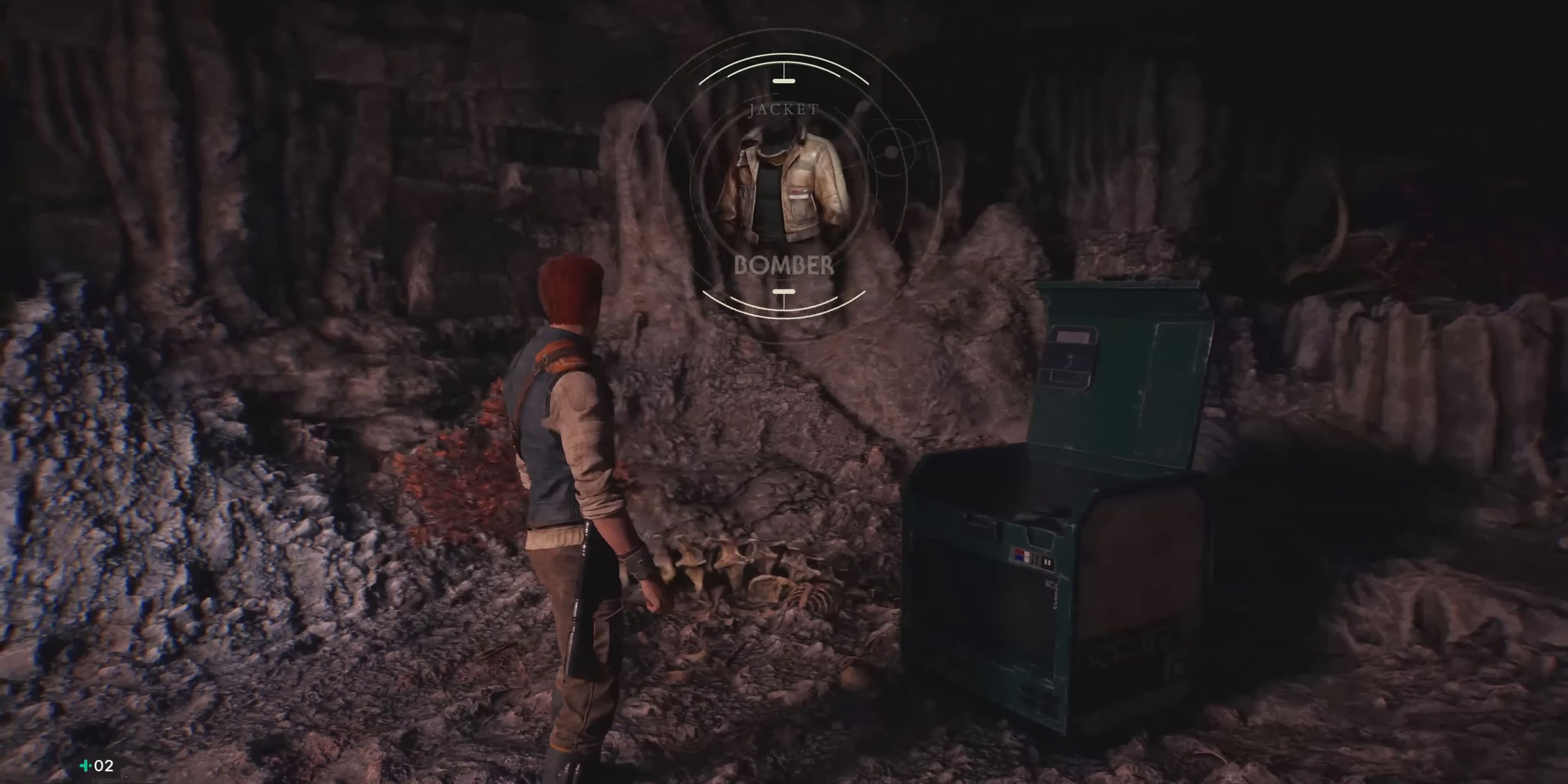 Cal pega uma jaqueta bomber de um baú em uma pequena caverna em Star Wars Jedi Survivor