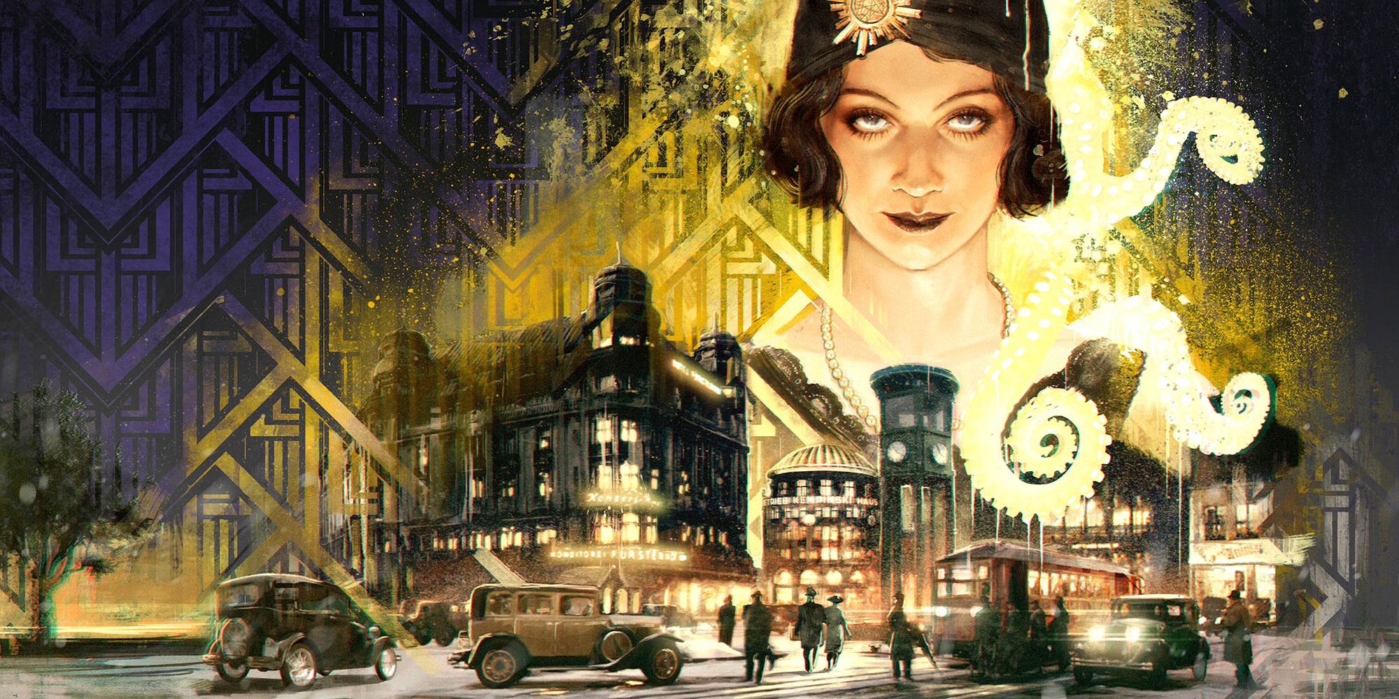The cover artwork for Call of Cthulhu's Berlin: The Wicked City sourcebook, showing a woman in early 20th century fashion surrounded by tentacles, overlooking a Weimar Berlin city block at night.