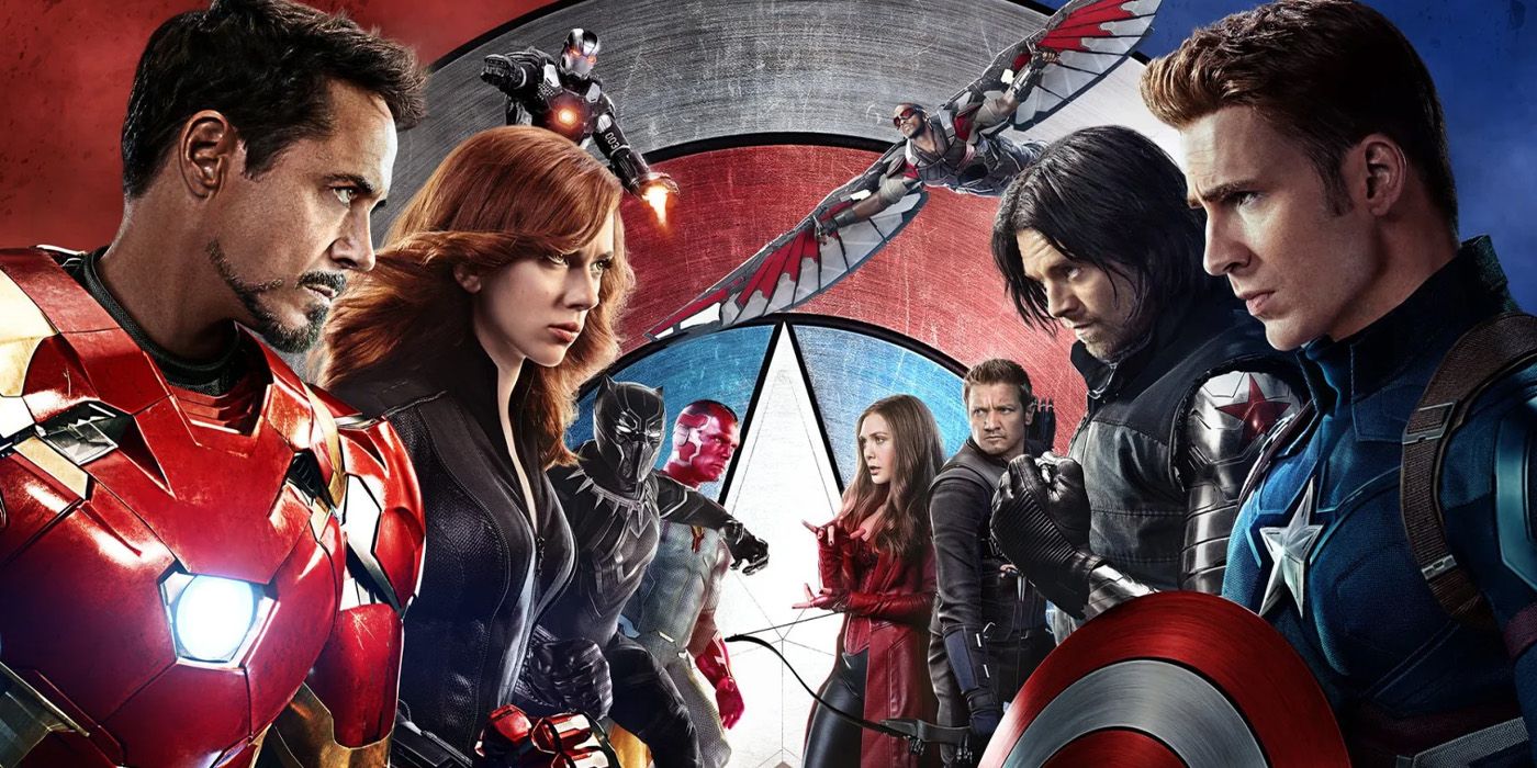 Iron Man and Captain America's teams staring each other in Captain America: Civil War poster