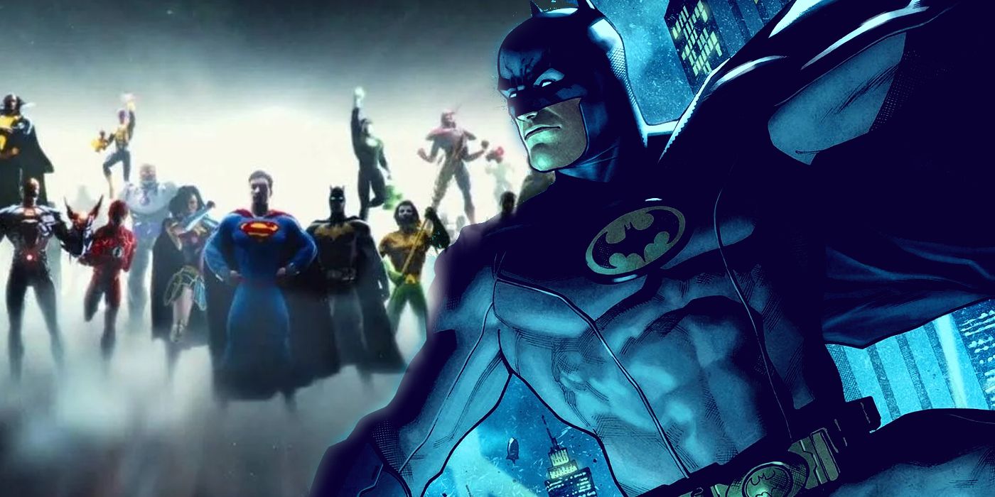 Split Image: DC heroes line up in DCEU intro; Batman (comics) hangs off a ledge