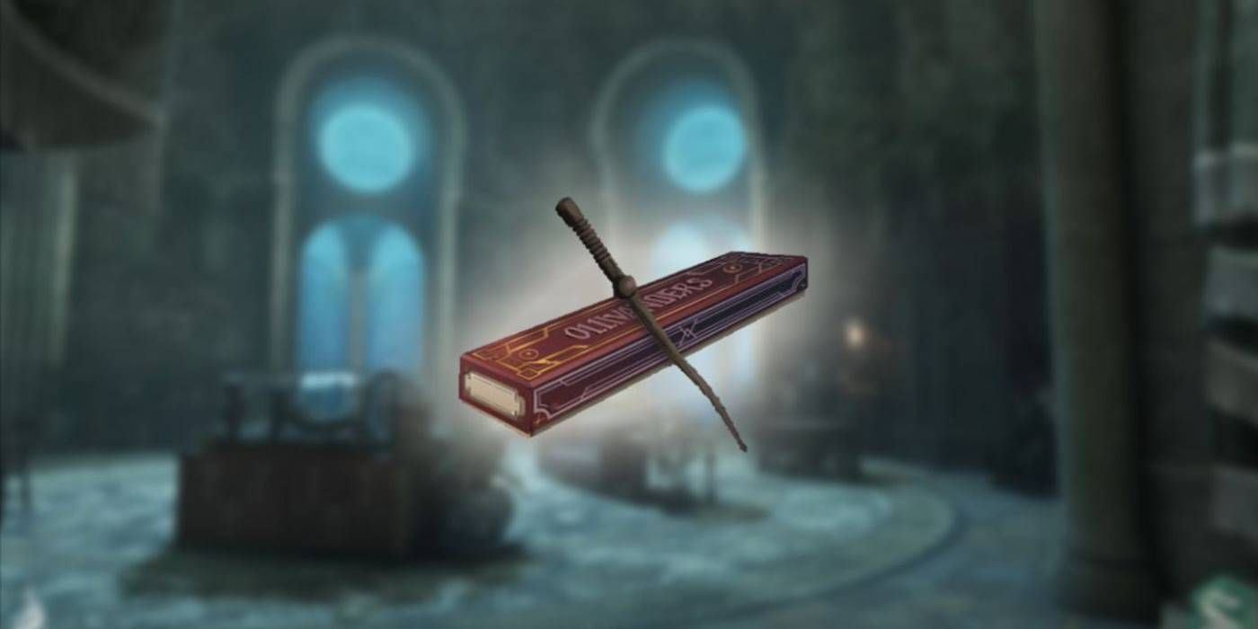 Hogwarts Legacy Elder Wand with Room of Requirement at Night as Faded Background