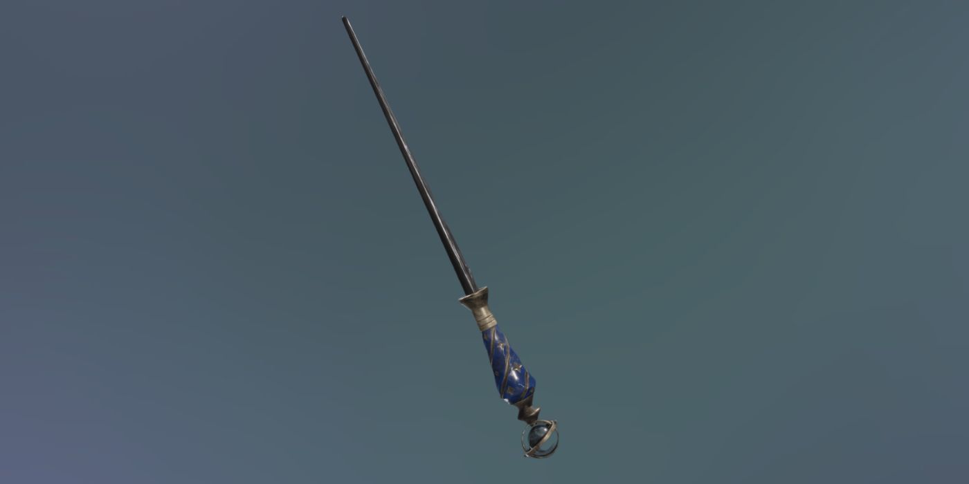 A render of the Celestial Blue Wand Handle on a black wand in Hogwarts Legacy