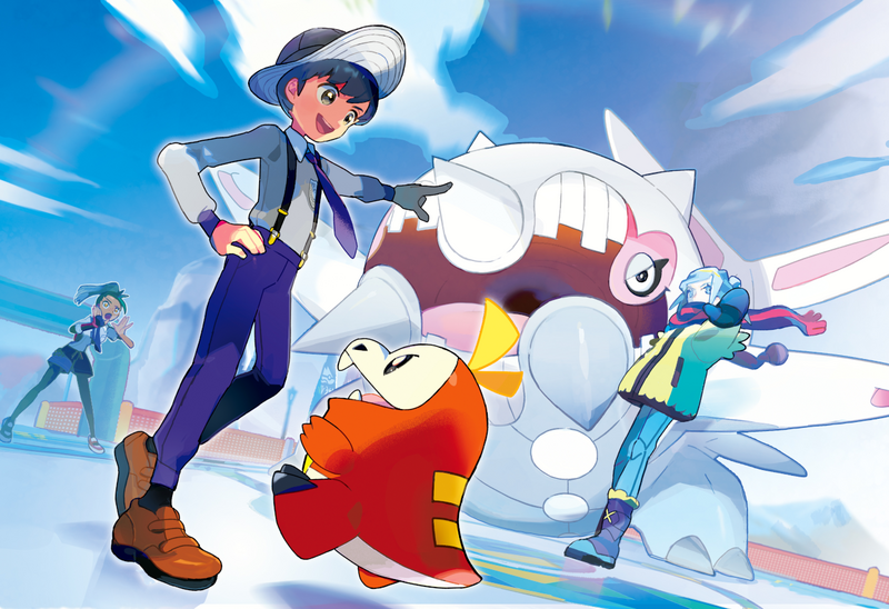 El entrenador masculino de Pokémon Scarlet y Violet anima a su Fuecoco a luchar contra el cetitan de Grusha.  Nemona aplaude en el fondo.