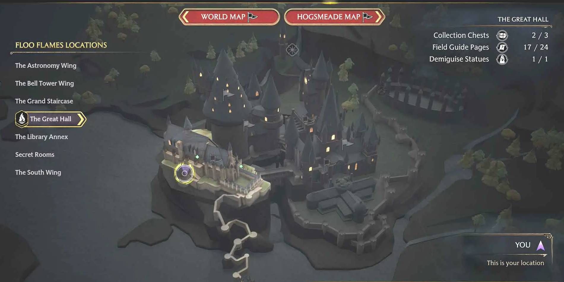 Hogwarts Legacy The Great Hall Map Location with Collectibles, Player Location, and Floo Flame Fast Travel Spots Displayed