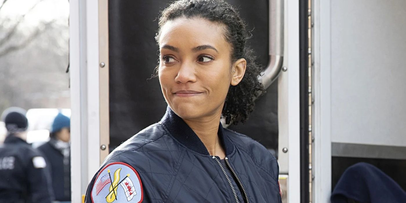 Emily Foster looking serious outside of an ambulance on Chicago Fire