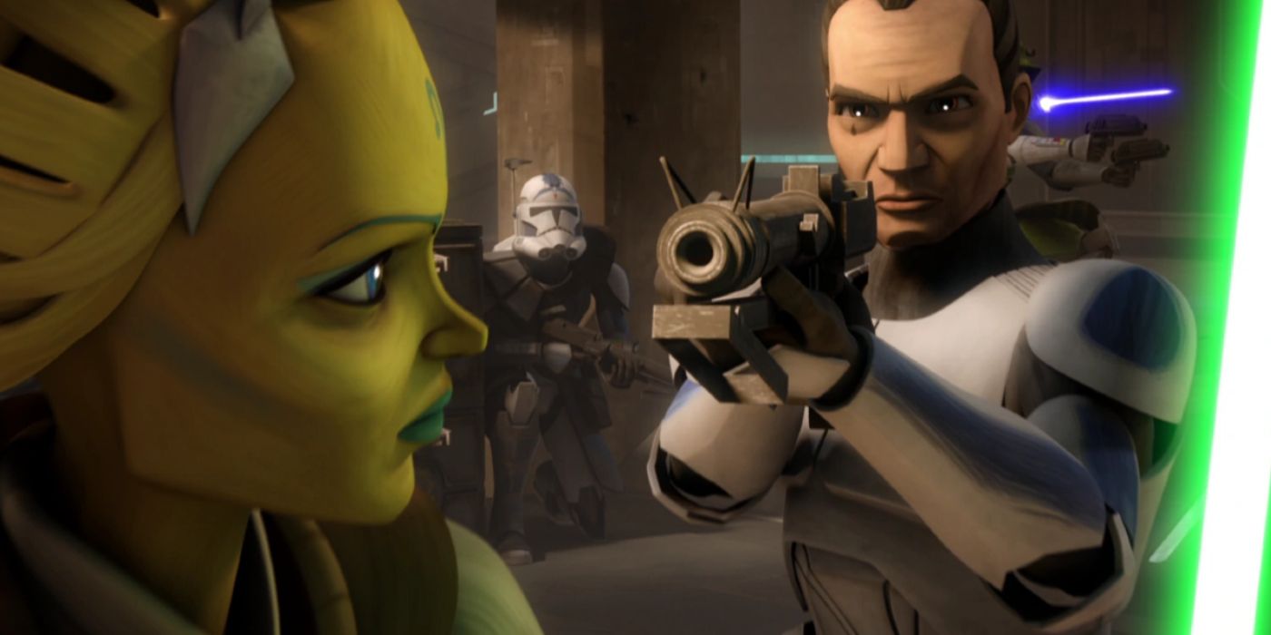 El soldado clon Tup y el Maestro Jedi Tiplar en Clone Wars