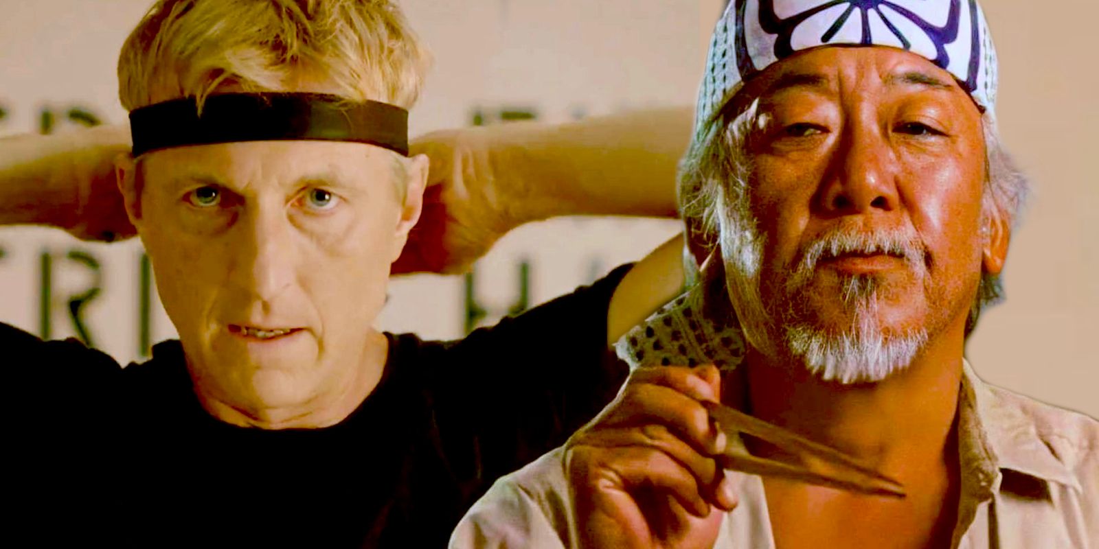 Johnny dans Cobra Kai, nouant son bandeau et M. Miyagi tenant des baguettes dans The Karate Kid