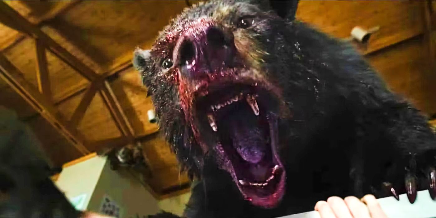Cocaine Bear roaring with a bloodied maw