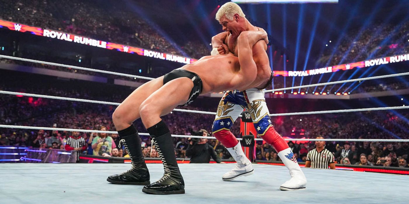 Cody Rhodes sets Gunther up for a Cross Rhodes finisher during the conclusion of the 2023 WWE Royal Rumble match.