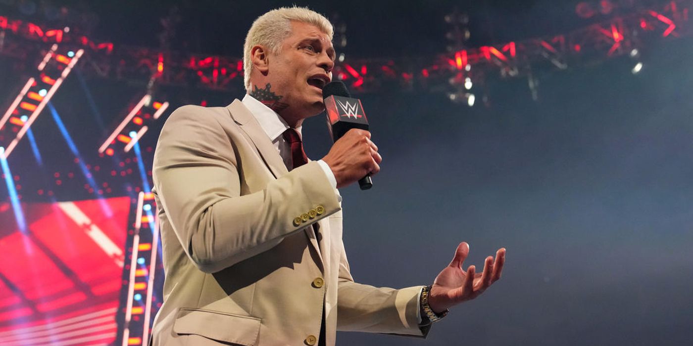 Cody Rhodes addresses the crowd on WWE Raw following his win at the Royal Rumble in 2023.