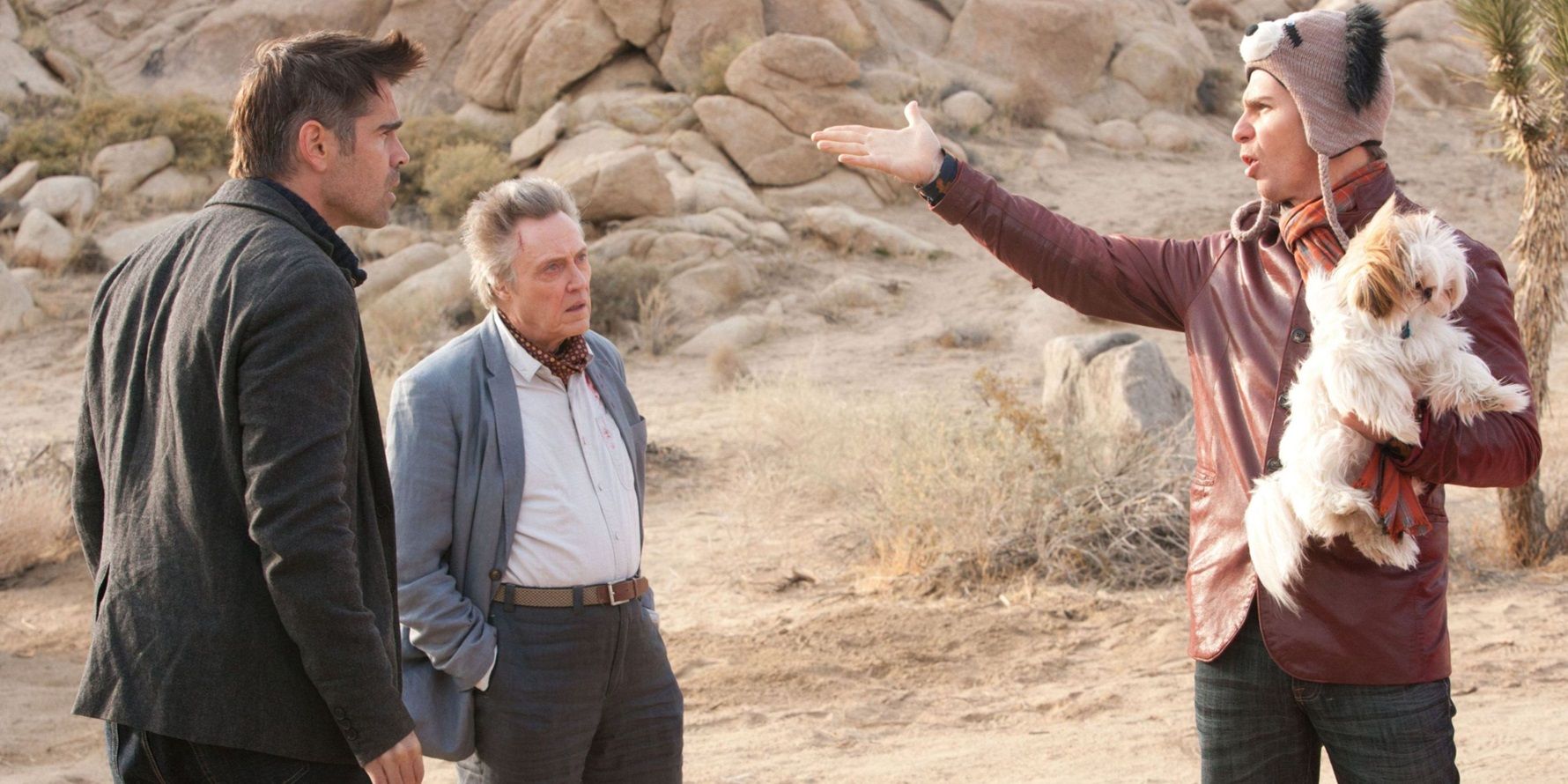 Colin Farrell in the desert with Christopher Walken and Sam Rockwell in Seven Psychopaths