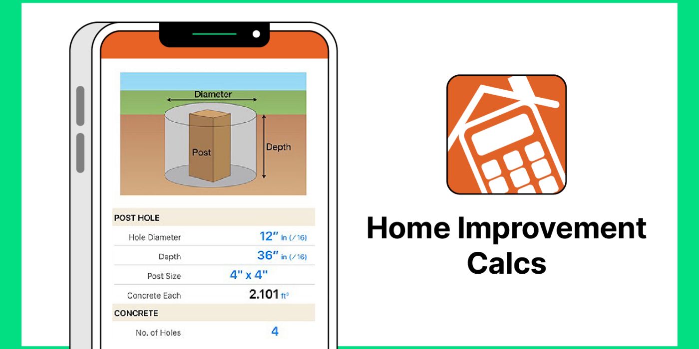 Home Improvement Calcs app logo image with an example of the app's interface on a phone.