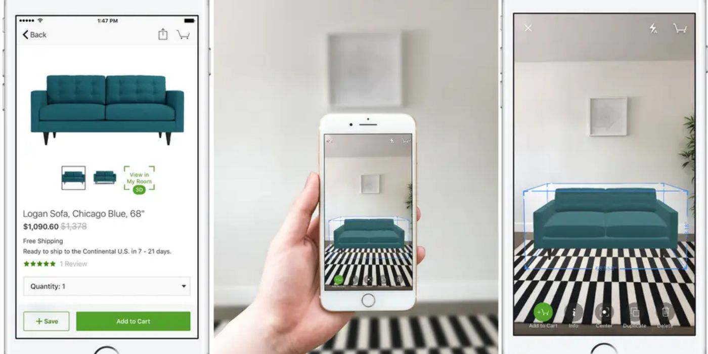 A couch for sale is shown in a living room as envisioned by the Houzz app.