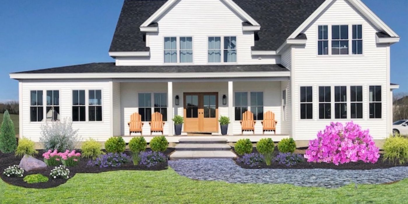 A rendering of a landscaped lawn and house on the iScape app.