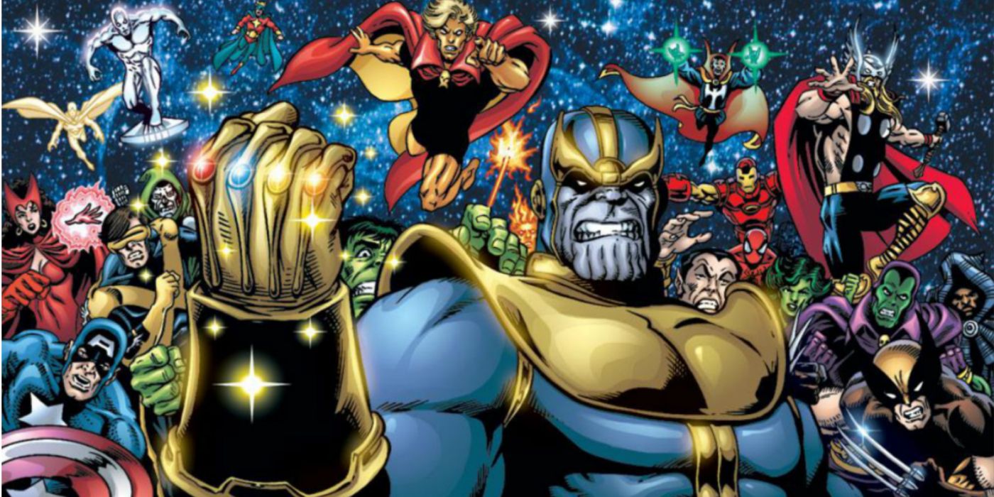 Thanos in the forefront of the image with the Avengers behind him.