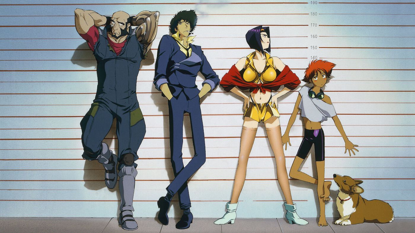 The main cast of Cowboy Bebop leaning against a wall in key visual.