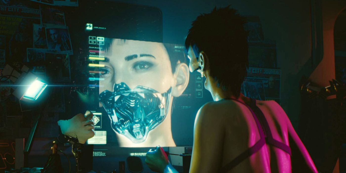  A woman with a detachable face implant looking in a mirror in Cyberpunk 2077.