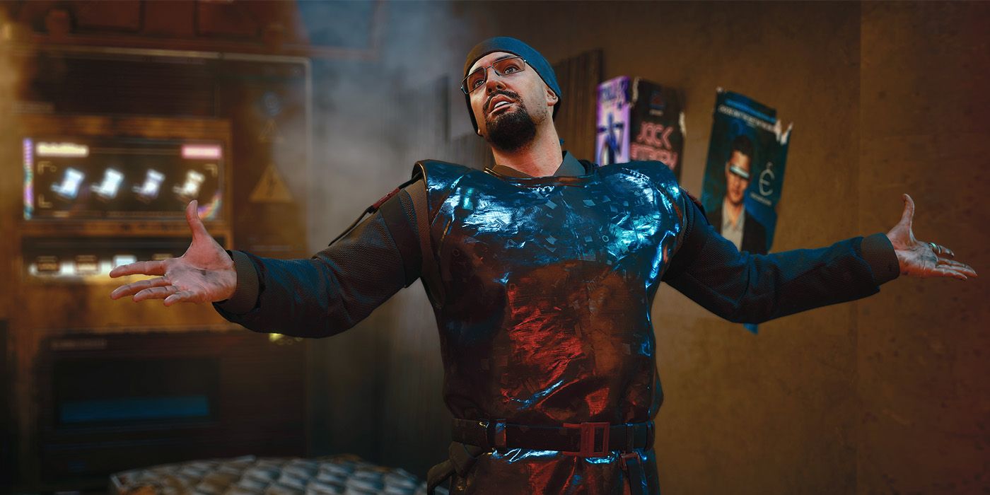 Cyberpunk 2077's Garry The Prophet is spreading his hands wide open while talking on the street.