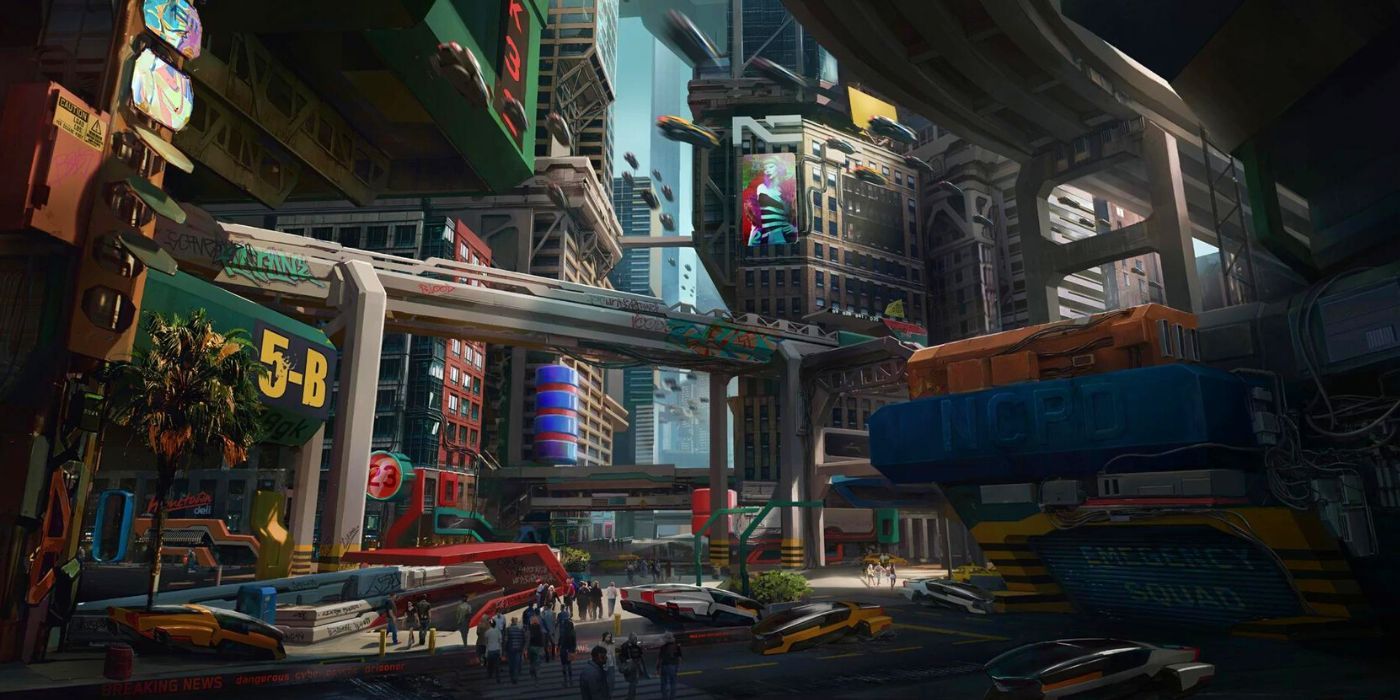 Concept art of Cyberpunk 2077's Watson district center, near V's original apartment.