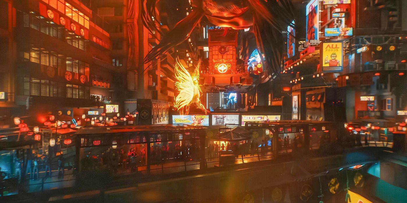 An image of Japantown's market from Cyberpunk 2077's Westbrook District at nighttime.