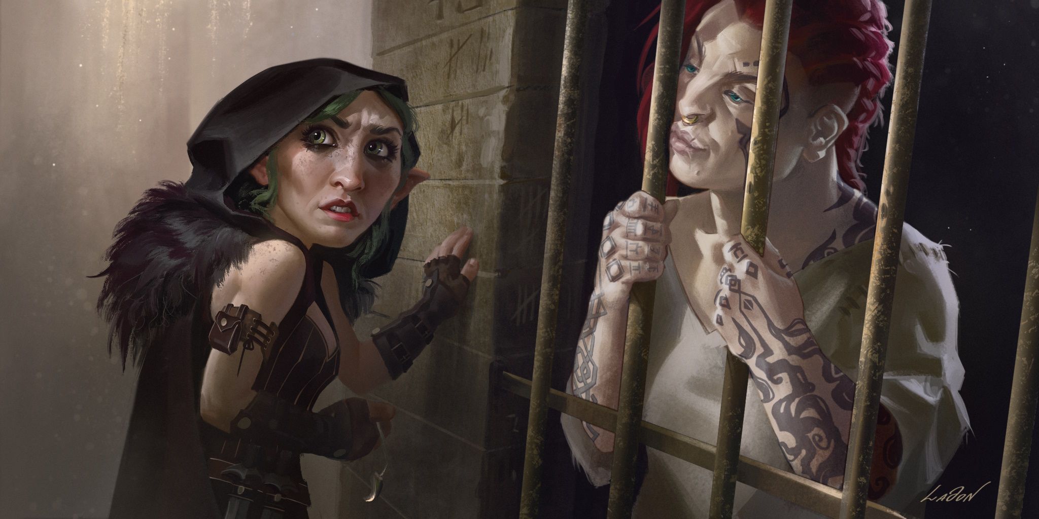 D&D Keys From The Golden Vault Heist Scene. Gnome rogue looking over her shoulder before opening a prison cell with a tattood red haired person inside.
