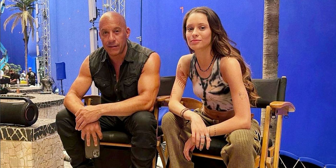 Daniela Melchior and Vin Diesel sitting down on the Fast X set.