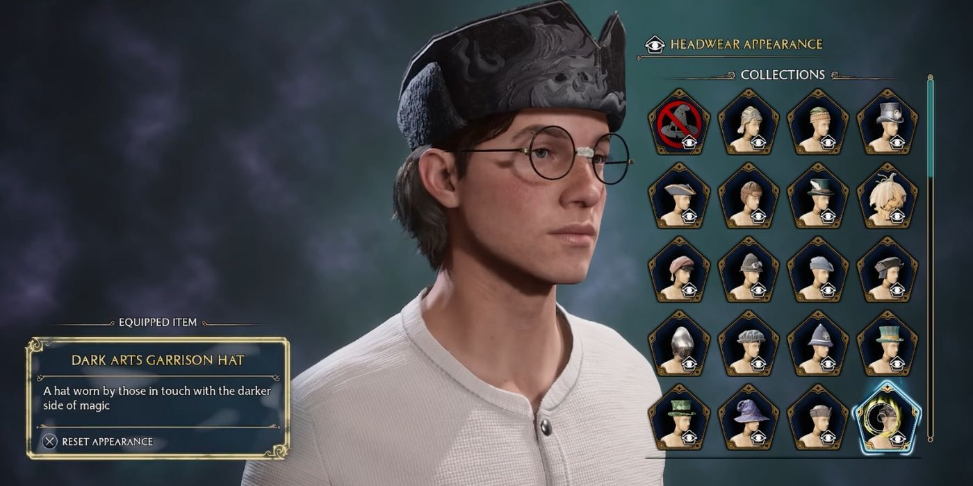 A male-presenting student wearing the Dark Arts Garrison Hat in Hogwarts Legacy