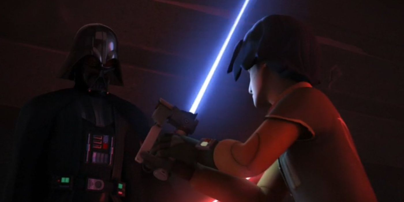 Darth Vader duels Ezra Bridger in Star Wars Rebels season 2.