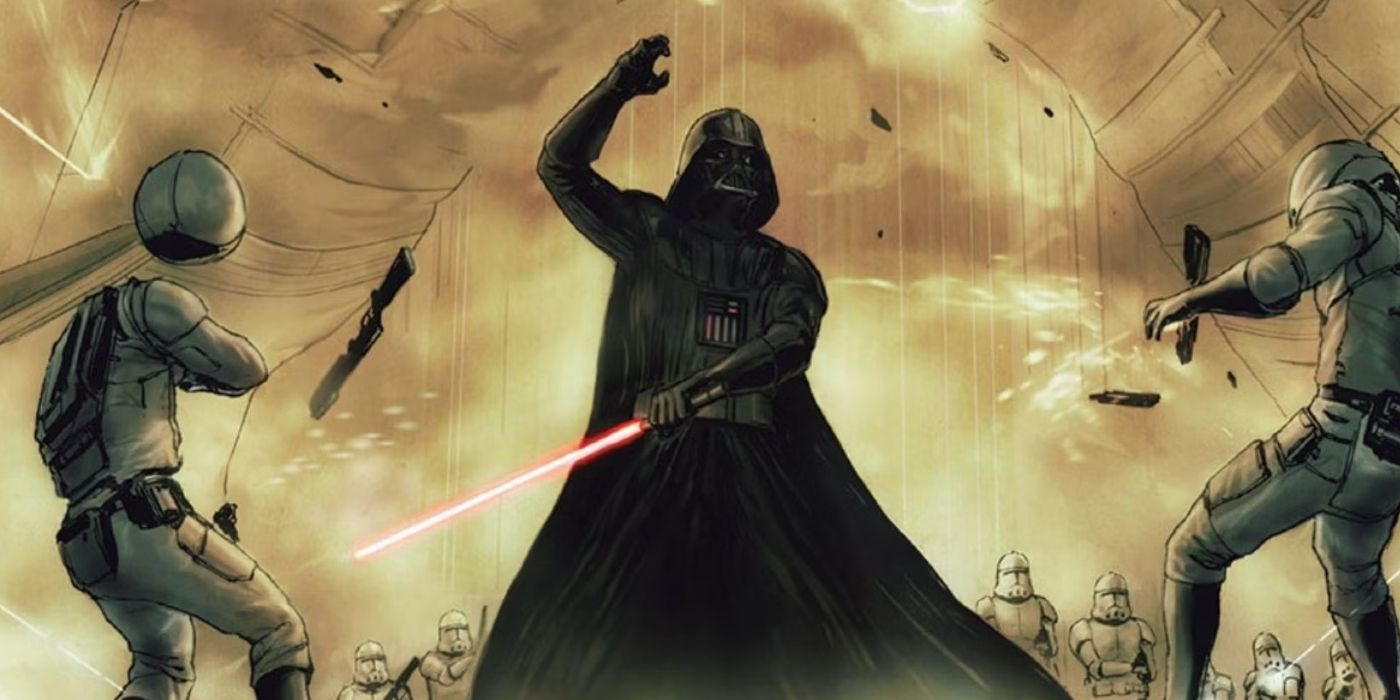 Darth Vader fighting two enemies in Star Wars Legends