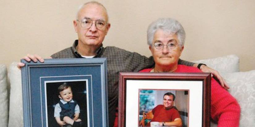 David and Kathleen Bagby sitting with images of Andrew and Zachary in Dear Zachary